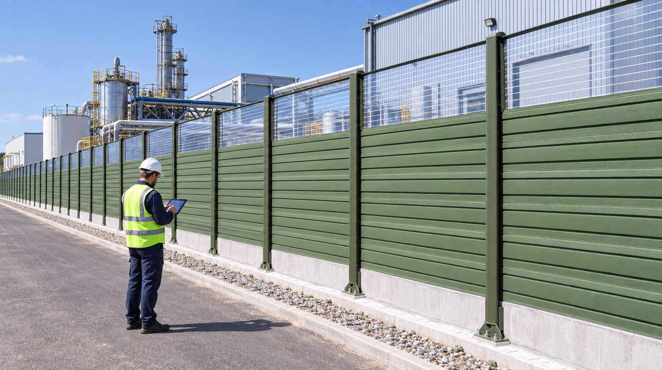 Pannello metallico per barriera antirumore industriale, tecnico ispeziona il perimetro di uno stabilimento