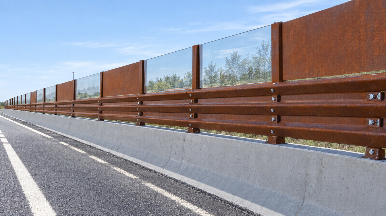 Barriera integrata di sicurezza e antirumore su new jersey stradale in acciaio corten, tipo CIR Scudo H4-L4, CIR Ambiente